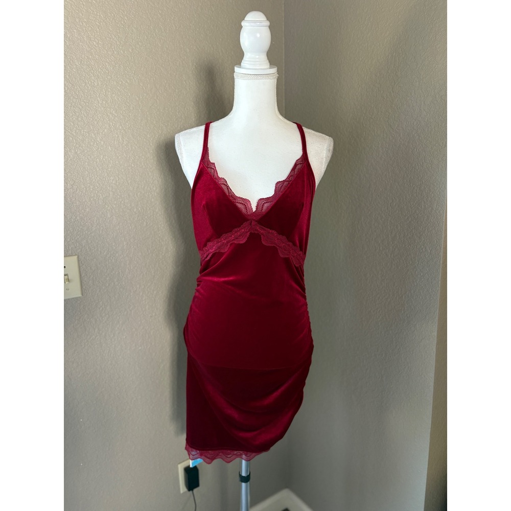 Cider Red Velvet Lace Trim Ruched Mini Dress Open Back NWT Medium